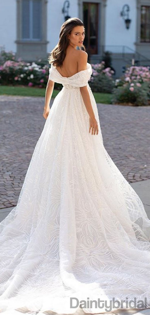 Elegant Off-shoulder Side Slit Lace With Appliques Wedding Dresses With Sweep Train.DB10138