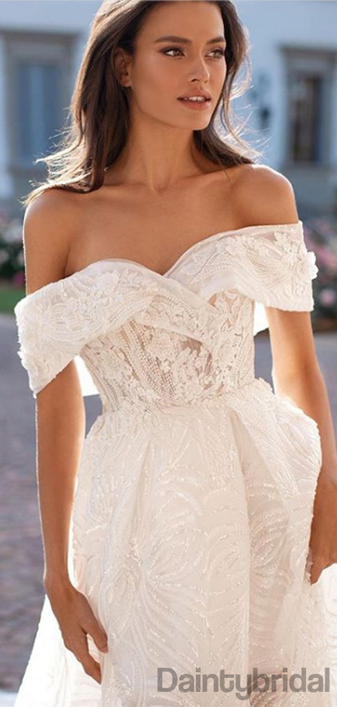 Elegant Off-shoulder Side Slit Lace With Appliques Wedding Dresses With Sweep Train.DB10138