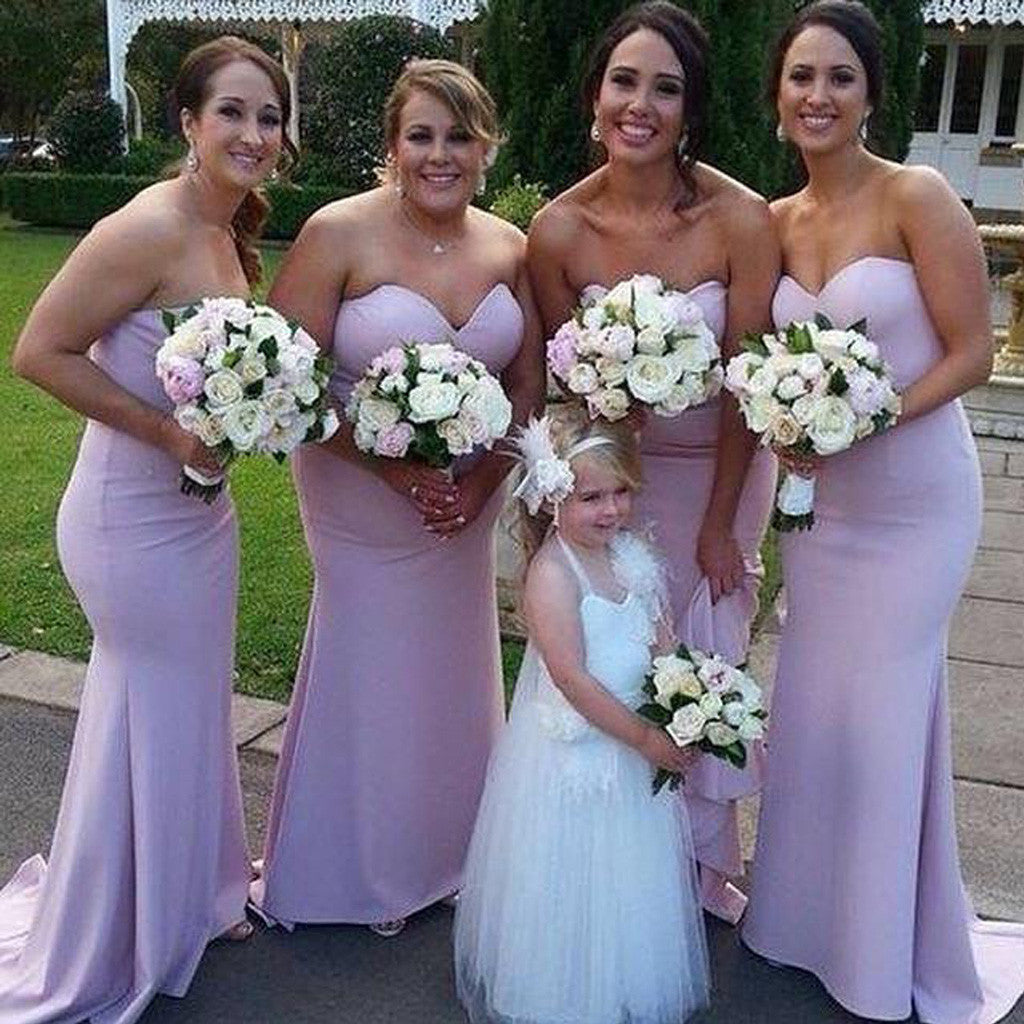 Simple Lilac Cheap Sweetheart Strapless Mermaid  Sexy Sweep Trailing Wedding Party Bridesmaid Dresses, WG174