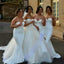 White Satin Cheap Sweetheart Strapless Mermaid Ruffles Sweep Trailing Sexy Wedding Party Bridesmaid Dresses, WG175