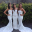 Beautiful White Lace Notched Neck Mermaid Sexy Chapel Trailing Wedding Party Bridesmaid Dresses, WG176