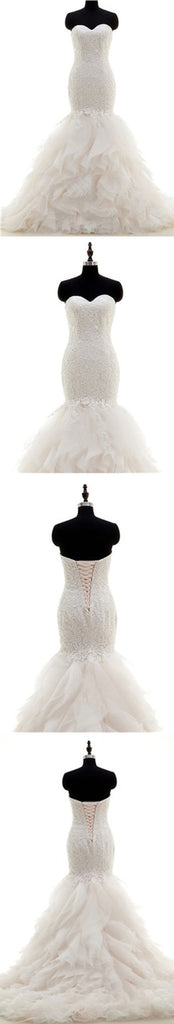 Popular Sweetheart Strapless Lace Up Mermaid White Lace Chiffon Bubble Skirt Wedding Dresses, WD0178