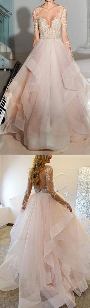 Charming Deep V-neck Long Sleeves See Through Lace Ball Gown Prom Dresses. DB0225