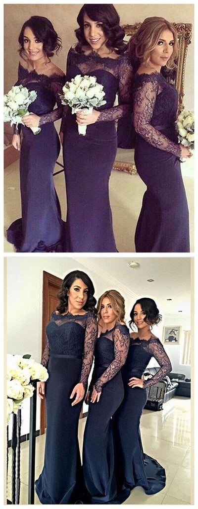 Sexy Navy Blue Long Sleeves Sabrina Mermaid Clairvoyant Outfit Lace Sweep Trailing Bridesmaids Dresses, WG22