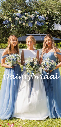 Simple Off-shoulder A-line Tulle Long Bridesmaid Dresses.DB10774