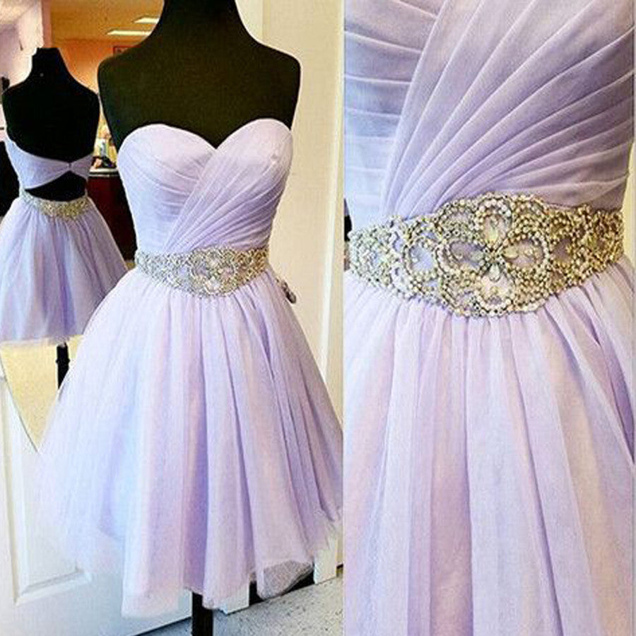 Short Lilac Sweetheart Sparkly Rhinestone Sash Open Back Pleated Chiffon Homecoming Dress,BD00180