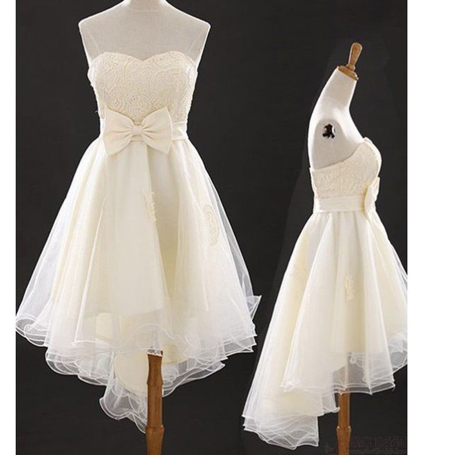 Vintage Junior Ivory Hi Low Strapless Sweetheart Lovely Bow Knot Homecoming Dresses, BD00187