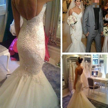 Sexy Mermaid Backless Spaghetti Lace Cheap Tulle Wedding Dresses, WD0147