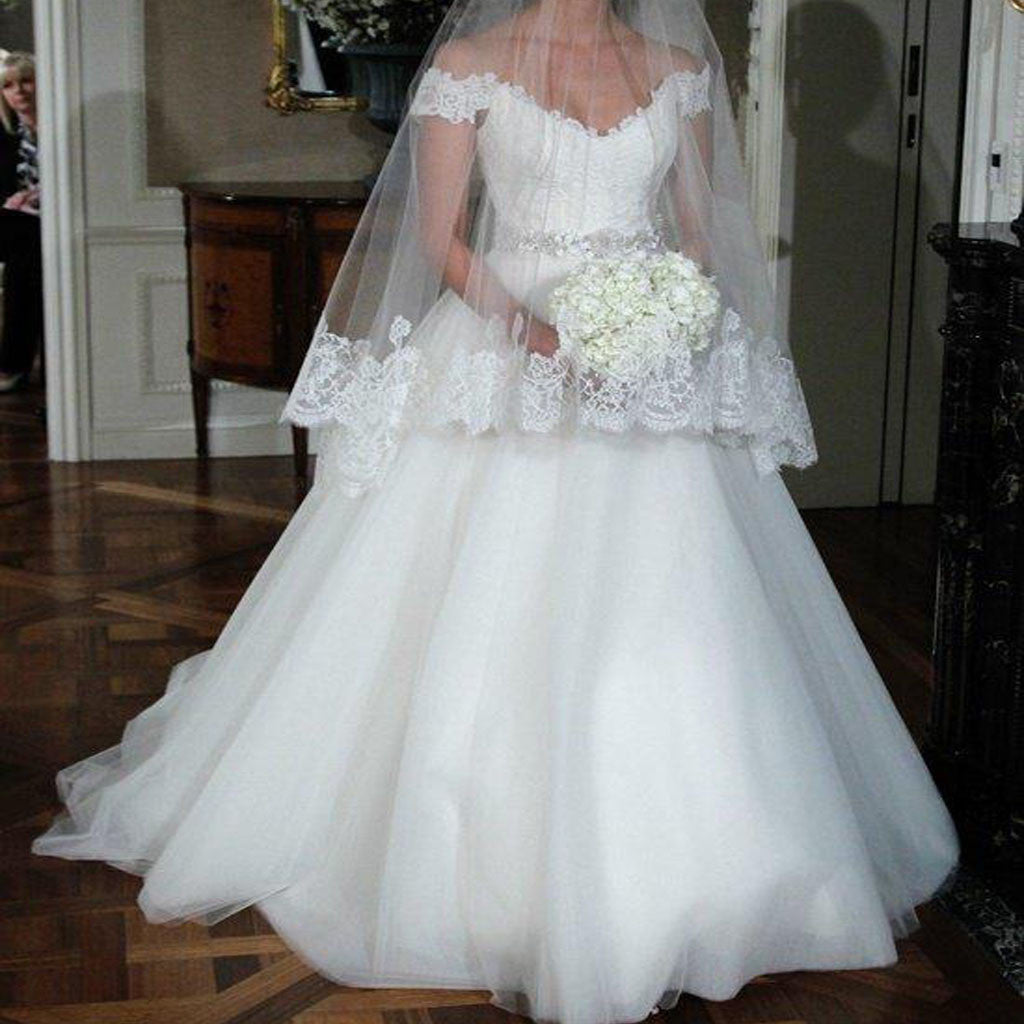 Popular Off Shoulder Ball Gown Lace Top White Tulle Beading Floor Length Wedding Dresses, WD0191