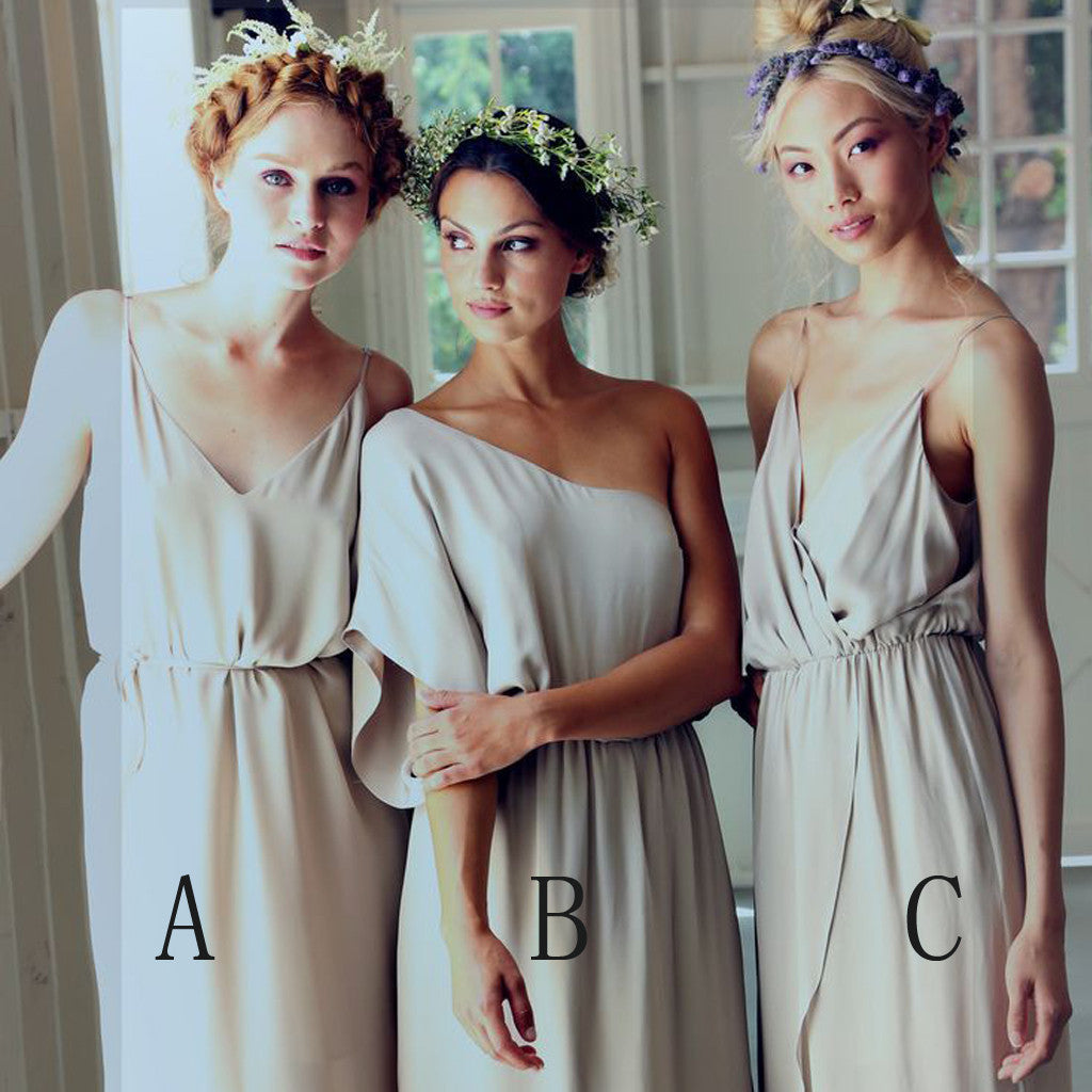 long mismatched neutral bridesmaid dresses