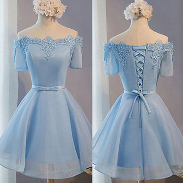 Light Blue Off Shoulder Half Sleeve Lace Appliques Lace Up Back Lovely Homecoming Dresses, BD00198