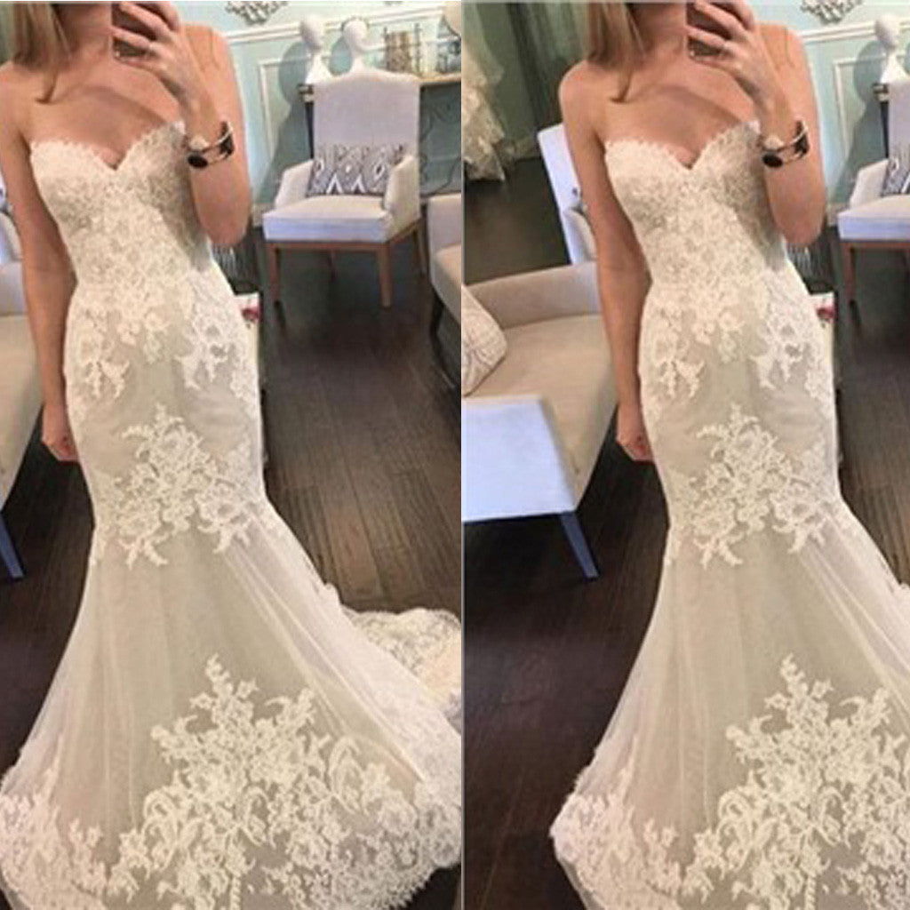 Elegant Popular Sweetheart Strapless Mermaid Ivory Lace Appliques Tulle Wedding Dresses, WD0199