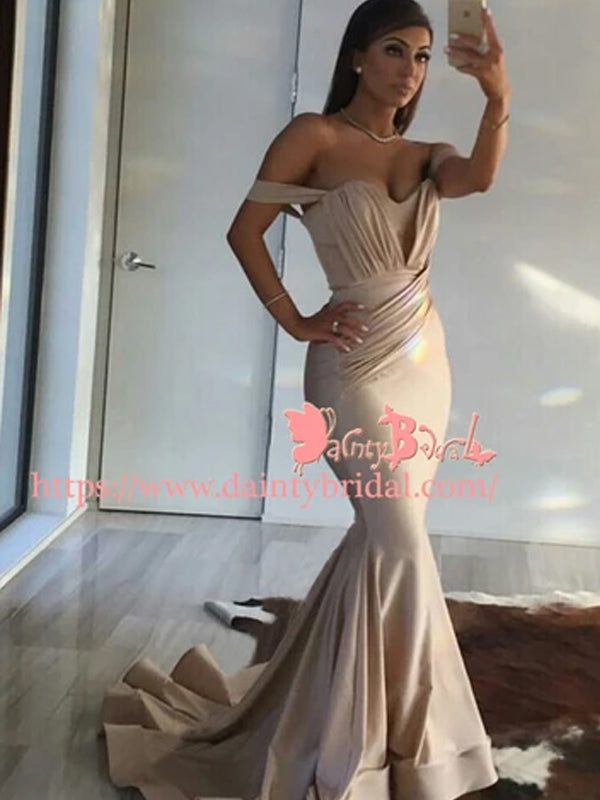Unique Sweetheart Pleating Neck Mermaid Off Shoulder With Sweep Trailing Prom Gown Dresses. DB1055