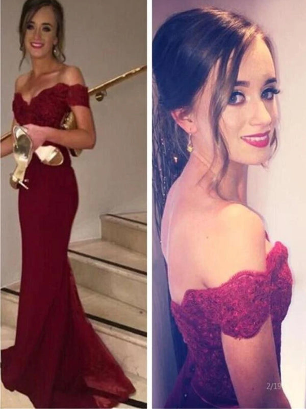 Long Burgundy Off shoulder Best Sales Evening Party Sexy Mermaid Lace Top Prom Dress. PD0165