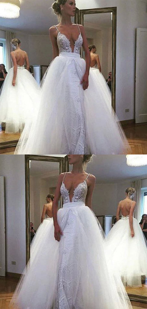 Sexy Summer Convertible Spaghetti Straps Full Lace Deep V-Neck Backless Over Tulle Skirt Wedding Dresses. DB0002