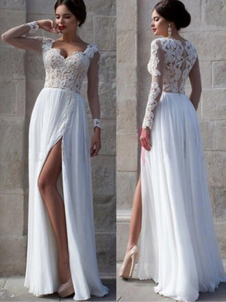 Charming Long Sleeve White Lace Top Chiffon Side Split Long A-line Wedding Party Prom Dresses,PD0072