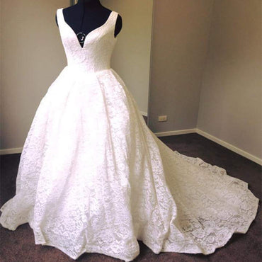 Elegant Strapless V-neck Full Floral Prints Lace Long Train Ball Gown Dainty Bridal Wedding Dress. DB0150