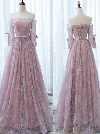 Elegant Off Shoulder Pink Lace Beading A-line Lace Up Back Half Sleeve Prom Dresses,WD0190