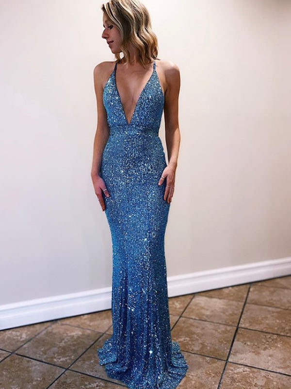 Sexy Sequin Mermaid Spaghetti Straps Long Backless Evening Party Formal Prom Dress,CB0001