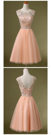 Peach Tulle Beaded Short Cute homecoming dresses, CM0031