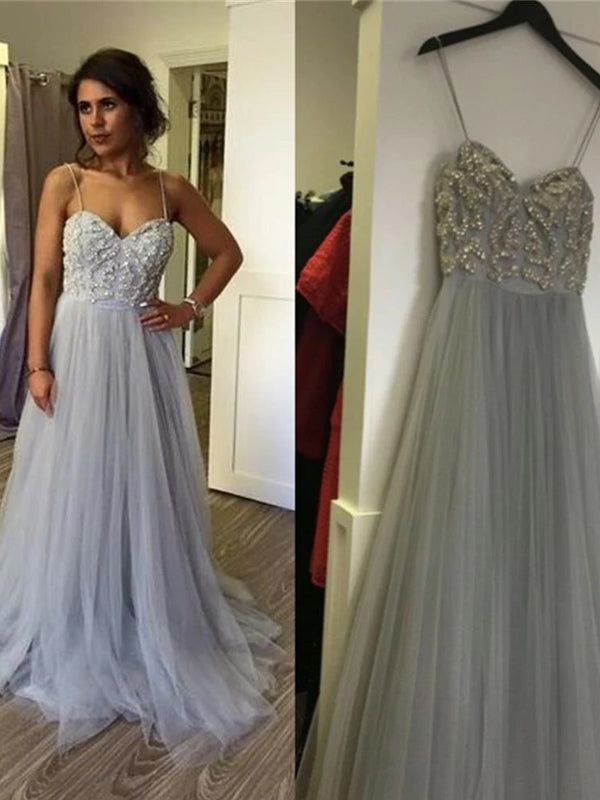 Long A-line Spaghetti Strap Gray Lace Beading Tulle Sweetheart Charming Prom Gown Dresses,PD0166