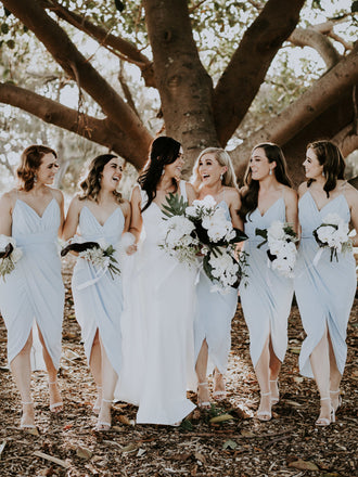 Simple V-neck Spaghetti Strap Side Slit Short Bridesmaid Dresses.DB10040