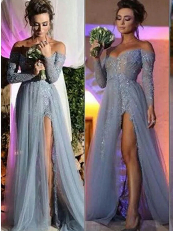 Popular Off Shoulder Long Sleeve Lace Sexy High Split Side  Elegant A-line Prom Dress  PD0021