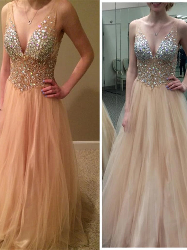 New Arrival Blush Pink V-Neck Sexy Sparkly Rhinestone Tulle Ball Gown Evening Party Prom Dresses,PD0127