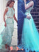Two Pieces  Tiffany Blue Lace A-line Sleeveless Unique Neck Elegant Long Prom Dresses. DB1046