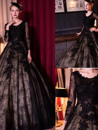 Special Black Tulle Lace Scoop Neck Long Sleeve A-line Ball Gown Prom Dress Wedding Dresses, WD166