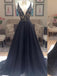 Popular A-line Deep V-neck Spaghetti Strap Black Lace Prom Dresses,PD0198