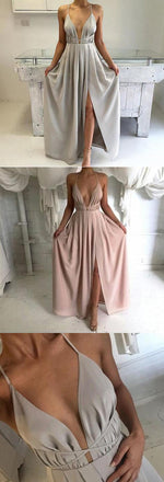 Long Spaghetti Strap Deep V-neck High Split Side Backless Sleeveless Popular Tie Prom Dress,PD0024