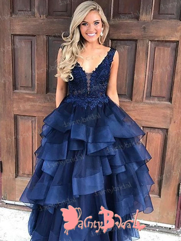 Vintage Open Back Sleeveless Royal Blue Lace Organza Ruffles Ball Gown Long  Prom Gown Dresses. DB1039