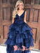 Vintage Open Back Sleeveless Royal Blue Lace Organza Ruffles Ball Gown Long  Prom Gown Dresses. DB1039