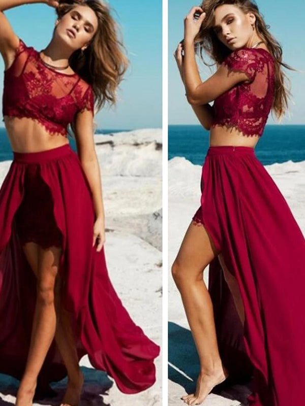 Two Pieces Long Burgundy Sexy Split Front Cap Sleeve Lace Charming Prom Gown Dress,PD0091