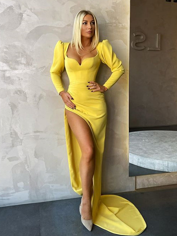 New Arrival Long Sleeve Yellow Mermaid Side Slit Prom Gown Dresses,PD0116