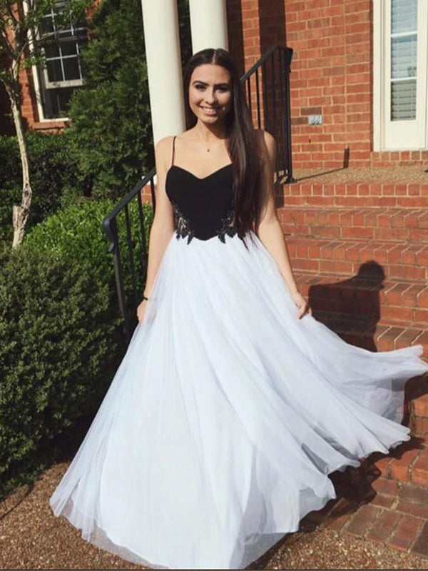 Long Spaghetti Simple Black Lace Top White Tulle Skirt High School Ele DaintyBridal Long Spaghetti Simple Black Lace Top White Tulle Skirt High School Ele DaintyBridal