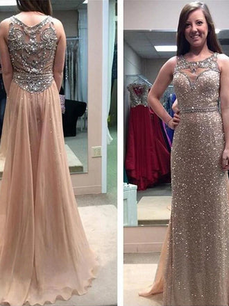 Long Rhinestones Sparkly Sequins Glitter Charming Round Neck Sleeveless Prom Dress,PD0069