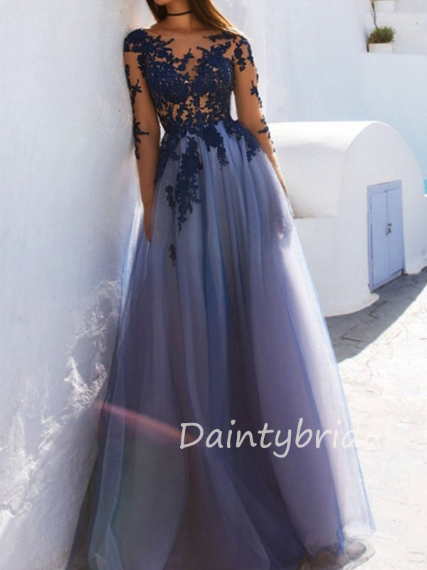 Sexy See Through Blue Lace Long Sleeve Open Back Custom Long Evening Prom Dresses.DB10391