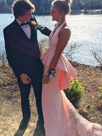 Unique Ruffles Pink Halter Backless V-neck Mermaid With Lace Train Long  Prom Gown Dresses. DB1034