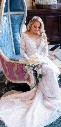 Vintage Lace Long Sleeve See Through Back Nude Mermaid Wedding Dresses, WD0173