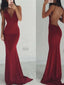 Sexy V-neck Mermaid Spaghetti Straps Burgundy Backless Prom Dresses, PD0161