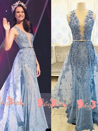 Fashion Blue Lace With Beading Sleeveless Split Neck Illusion Back A-line Long Prom Dresses. DB1048