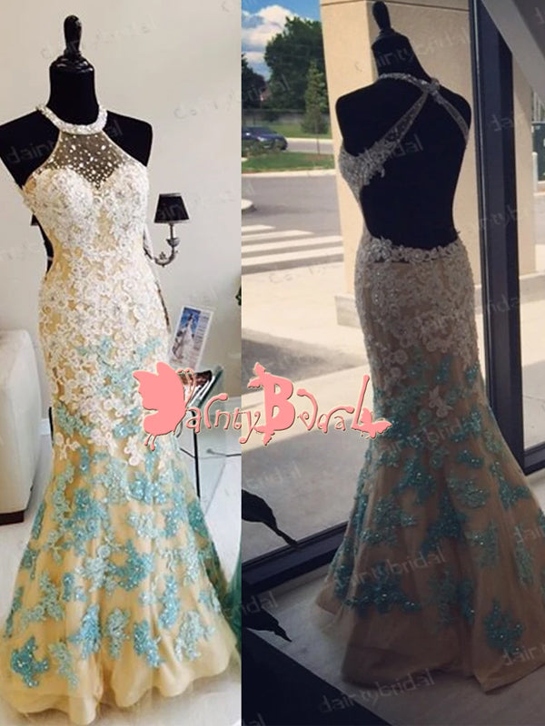 Elegant White And Blue Lace Gorgeous Beading Halter Criss-Cross Back Mermaid Long Prom Gown Dresses. DB1036