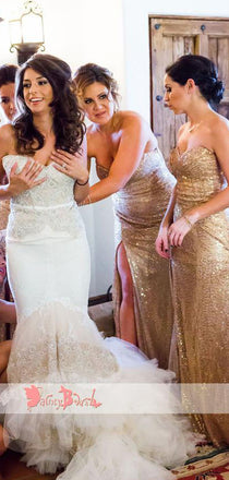Gold Sequin Sweetheart Strapless Mermaid Bridesmaid Dresses With High Splits,DB117