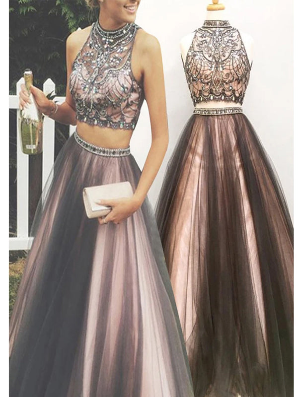 Gorgeous Two Pieces Open Back Vintage Ball Gown Long Prom Dresses. DB081