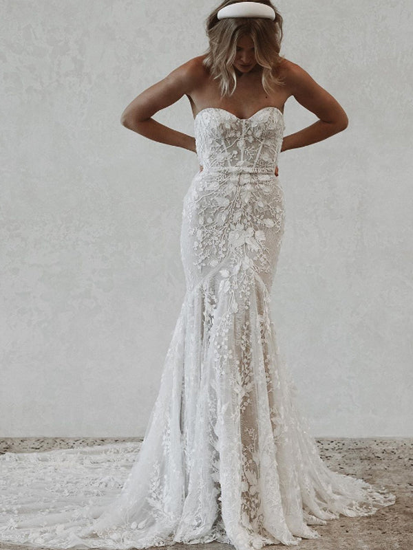 Affordable Simple Sweetheart Mermaid Lace Wedding Dresses,DB10255