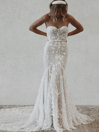 Sexy Mermaid Backless Spaghetti Lace Cheap Tulle Wedding Dresses, WD0147