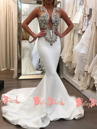 Sexy Sparkly Rhinestone Split Neck Illusion Back Sleeveless Mermaid Prom Gown Dresses. DB1054