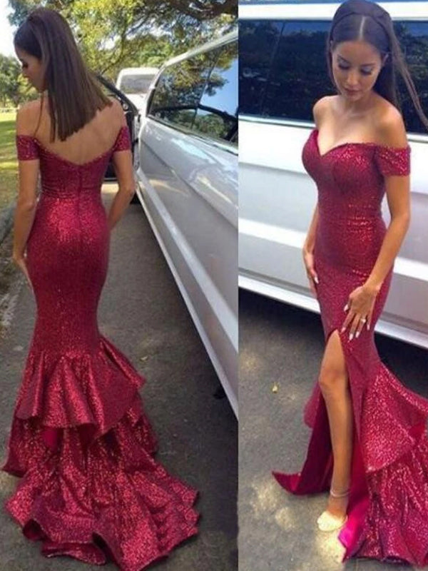 New Arrival Red Sequined Off Shoulder Ruffles Mermaid Sexy Split Side Evening Party Prom Dresses, PD0184